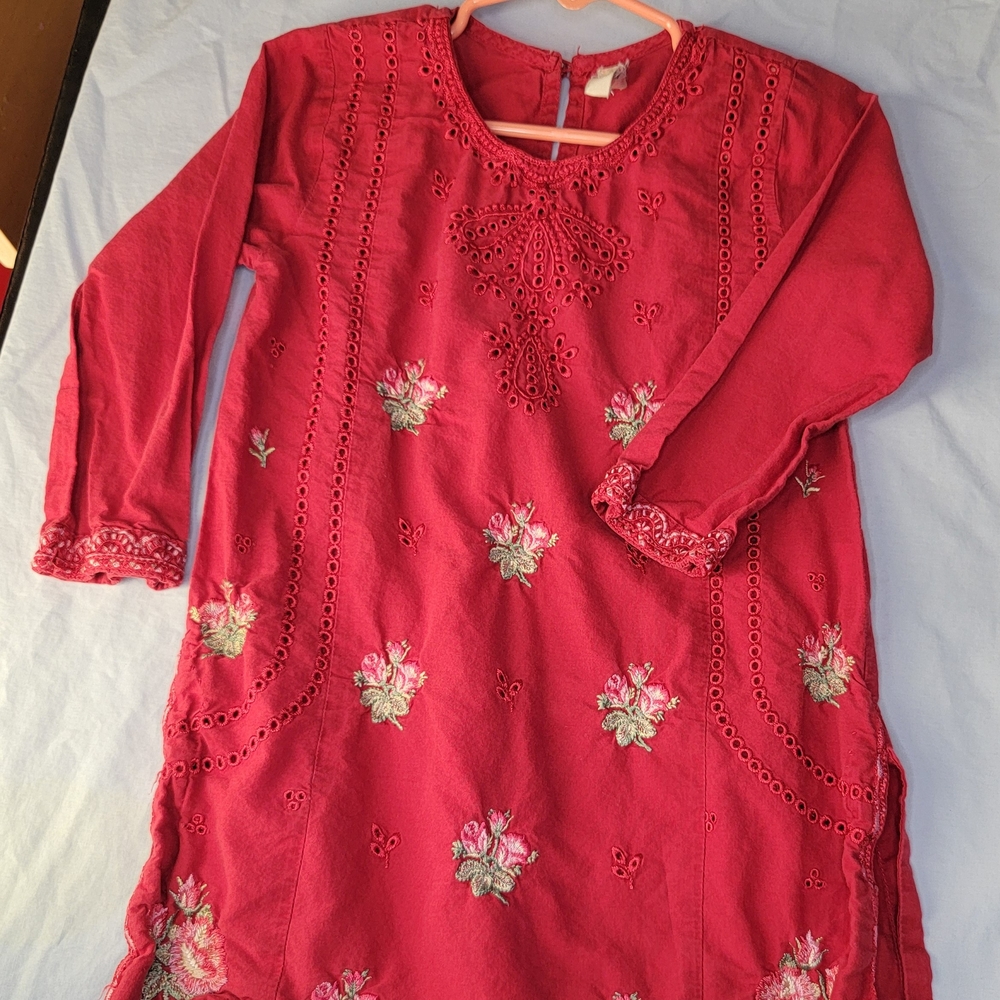 Girls' Red Rose-Embroidered Casual Tunic/Dress